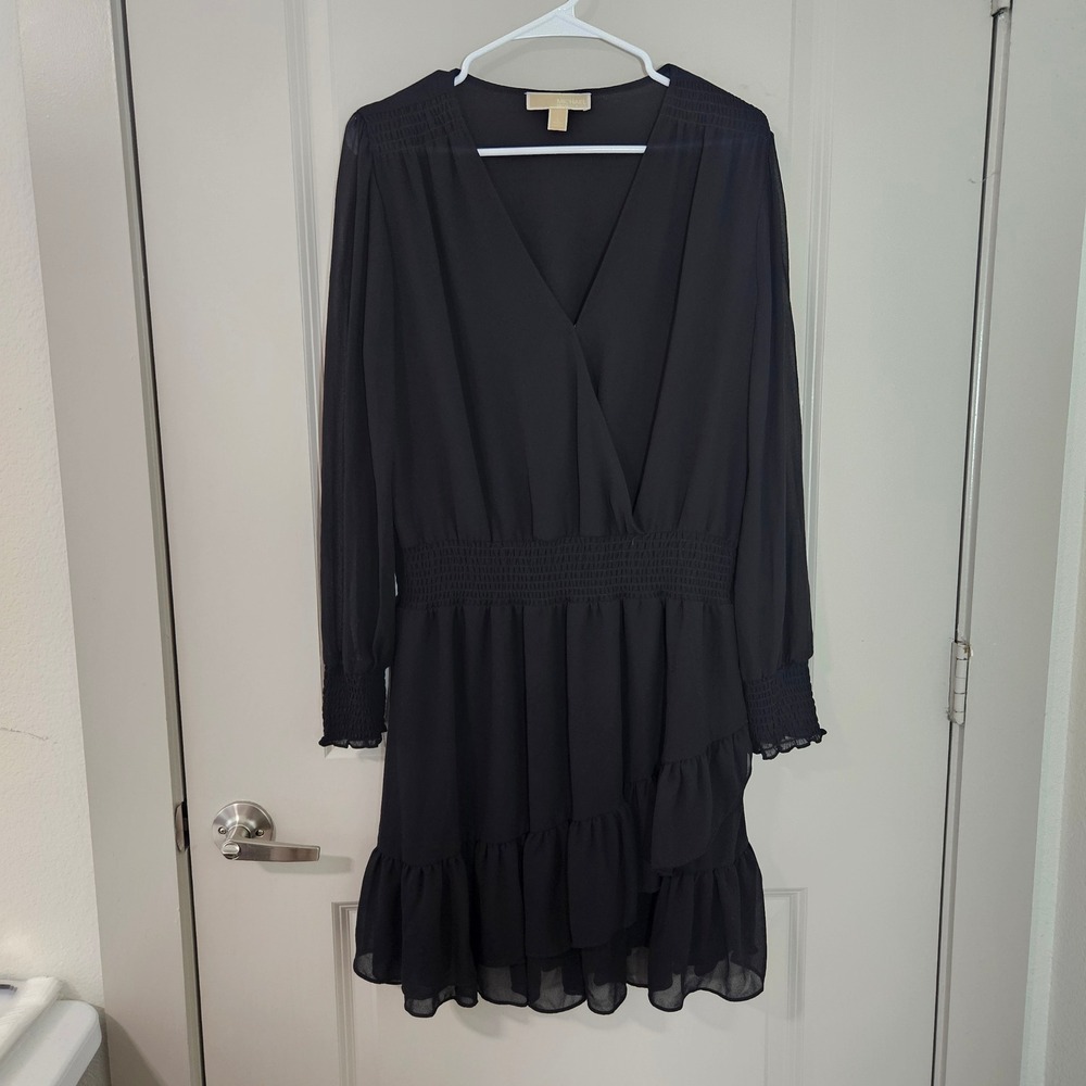 Michael Michael Kors Black Chiffon Smocked Ruffle Mini Dress Large Long Sleeve